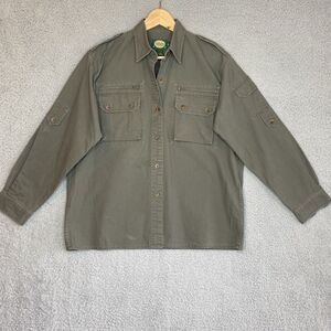 Cabelas Safari Womens Shirt Sz M Button Up Roll Tab Sleeve Army Green Outdoor